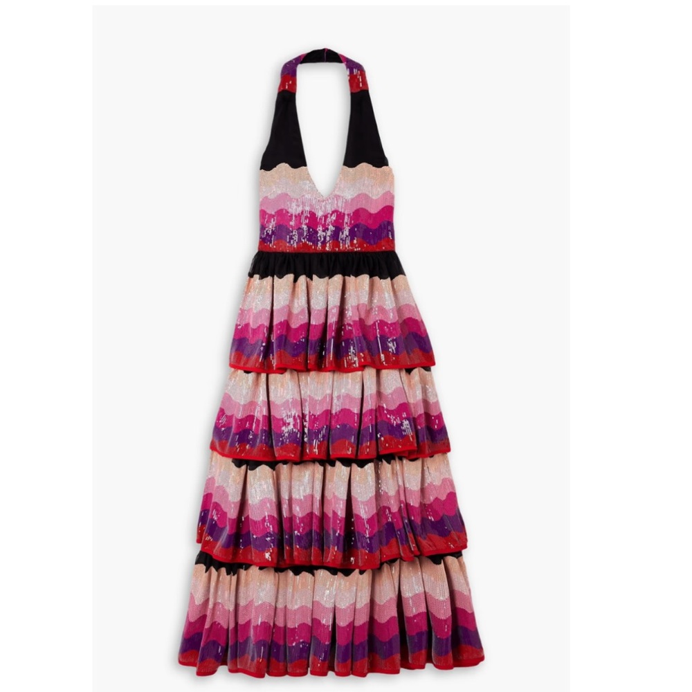 HALPERN Tiered sequined crepe halterneck midi dress size XS /36